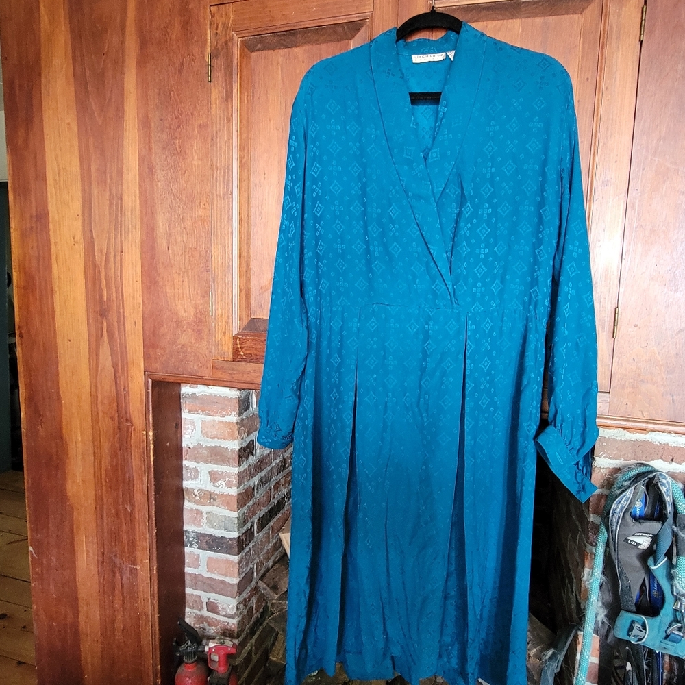 100% Silk Vintage Liz Claiborne Blue Green Diamond Patterned Dress - Size 14